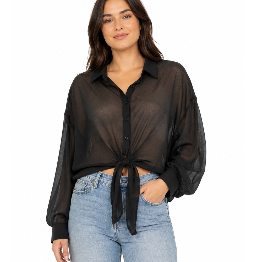 Black Sheer Tie Front Button Up Blouse Long Sleeve Shrug Top | XL